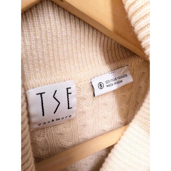 TSE 100% Cashmere Cream Turtleneck Ribbed Sweater Quiet Luxury Chunky Small - Picture 5 of 6